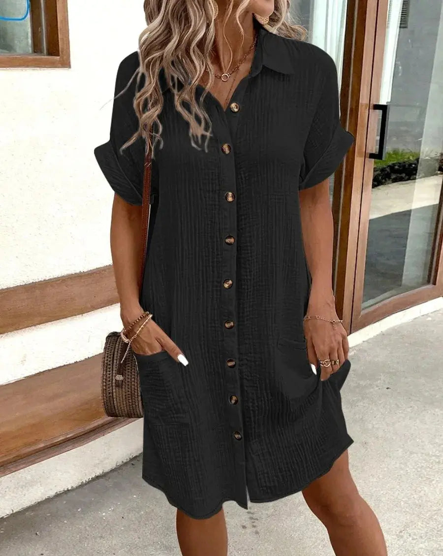 Summer Solid Simple Short Sleeve Shirt Dress Women's Turn-down Collar Single Breasted Casual Elegant Ladies Loose Dresses None