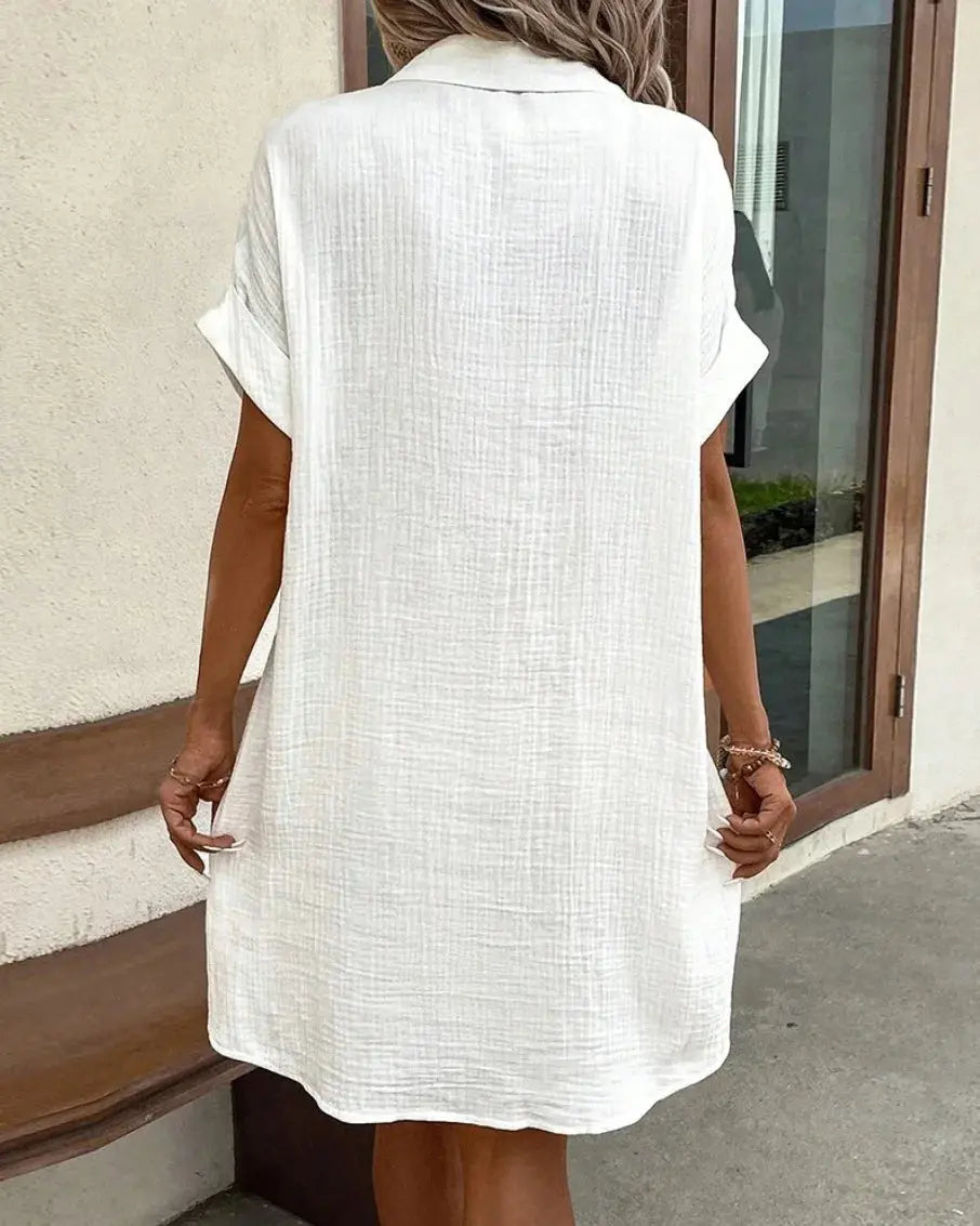 Summer Solid Simple Short Sleeve Shirt Dress Women's Turn-down Collar Single Breasted Casual Elegant Ladies Loose Dresses None