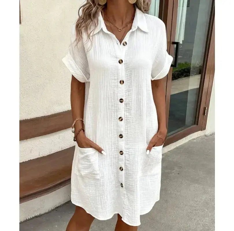 Summer Solid Simple Short Sleeve Shirt Dress Women's Turn-down Collar Single Breasted Casual Elegant Ladies Loose Dresses None